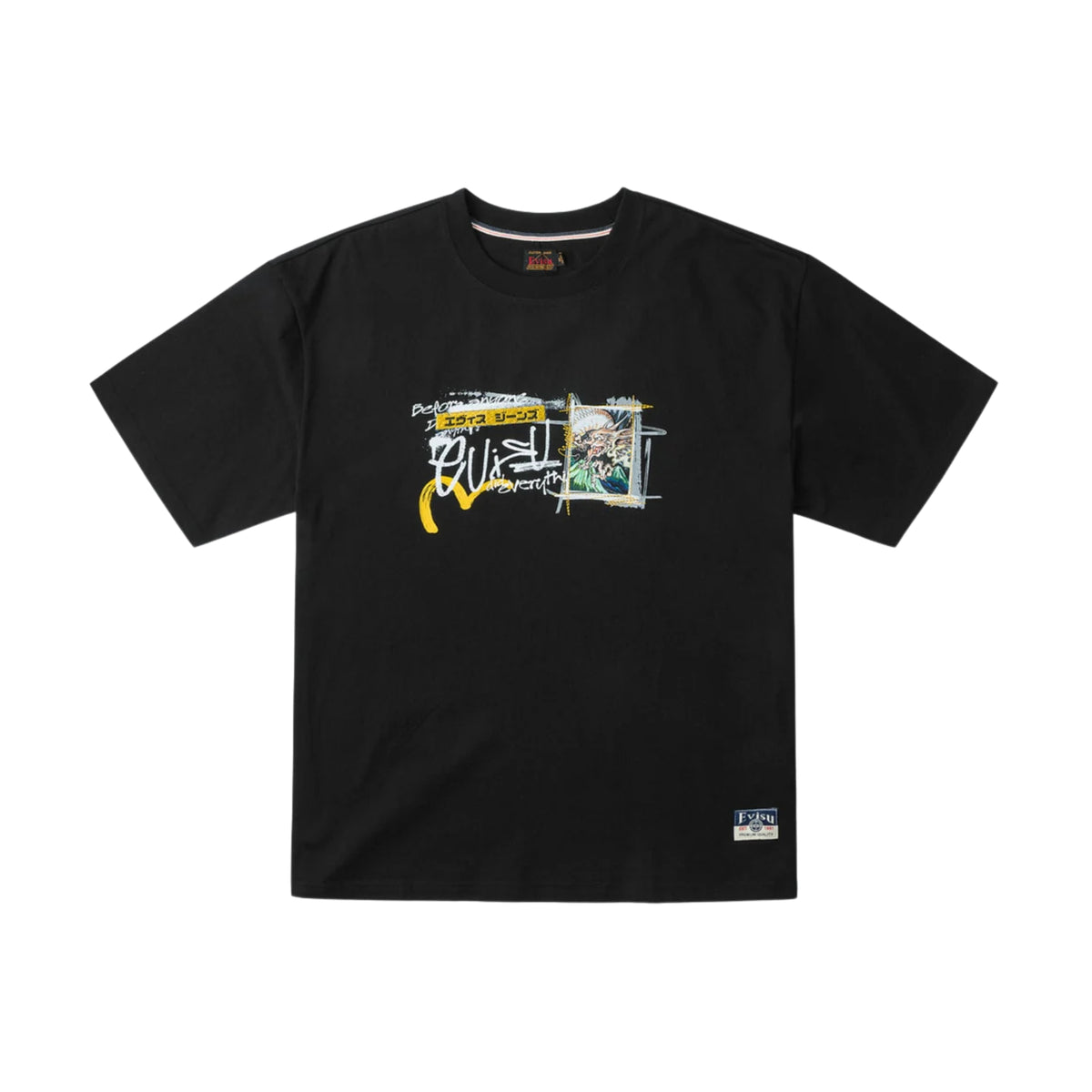 Evisu Handwriting Flying Dragon Emb. Tee Black